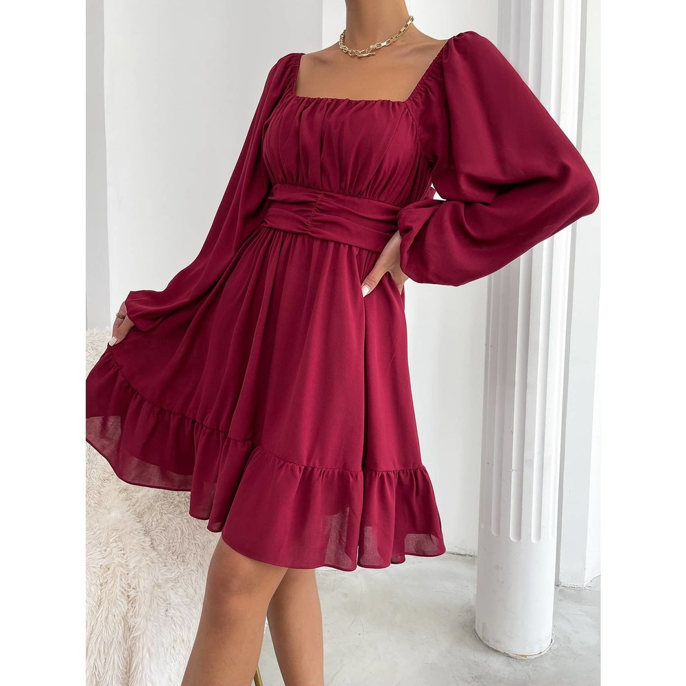 square neck long sleeve Knot Back Lantern Sleeve Ruffle Hem Dress black - Picture 4 of 11